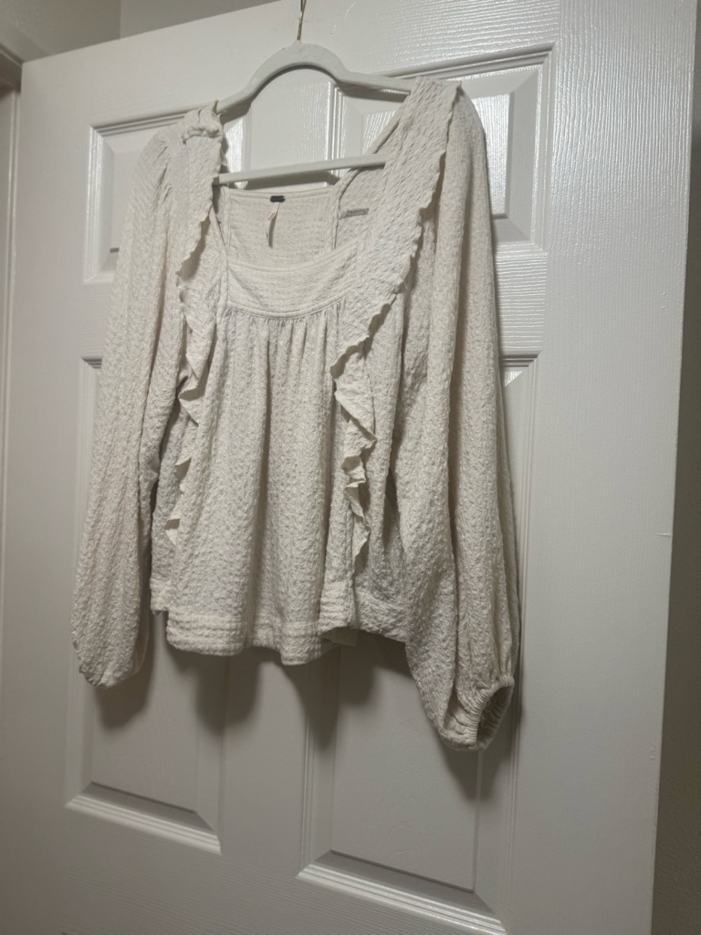 Free People Cream Bonny Blouse Square Neck Ruffle Front Top - Picture 3 of 9
